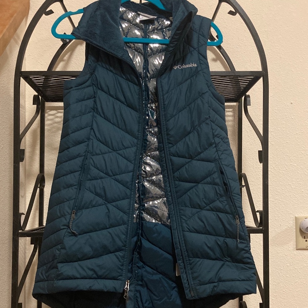 Columbia Dark Teal Quilted Puffer  Long Vest with Silver Lining